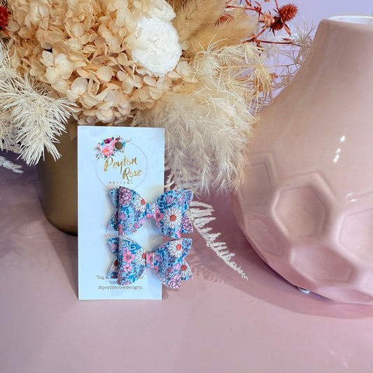 Betty Bows - Blue Daisy floral Piggy Tail Clips