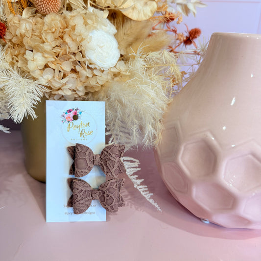 Betty Bows - Brown embossed lace Piggy Tail Clips