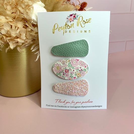 Snap Clip Set - Mint & Pink Floral
