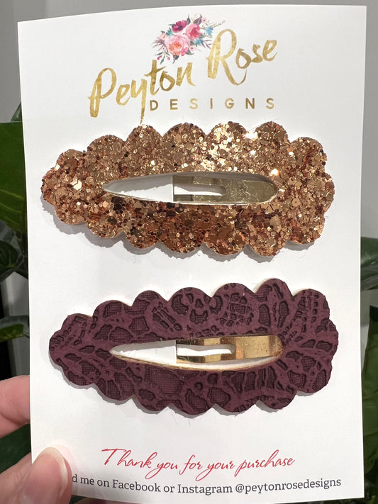Snap Clip Set - Wine Lace & Rose Gold Glitter