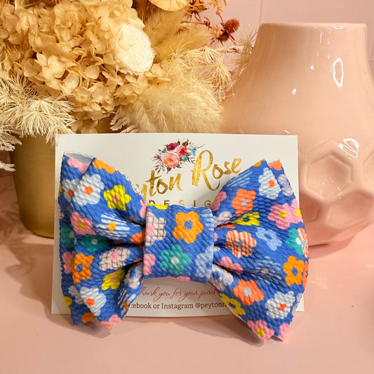 Rosie Fabric Bow - Bright Blue & Pastel Floral