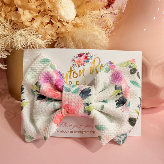 Rosie Fabric Bow - Pink & Purple Floral on White