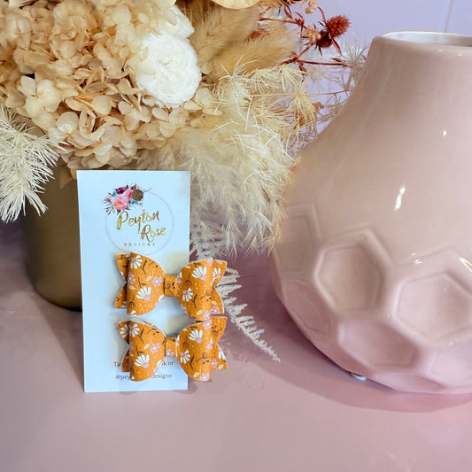 Betty Bows - Mustard & Pink floral Piggy Tail Clips