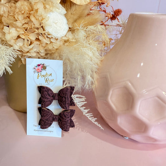 Betty Bows -  Maroon embossed lace Piggy Tail Clips