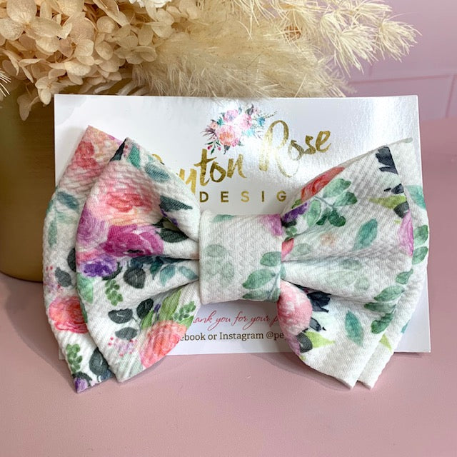 Rosie Fabric Bow - Pink & Purple Floral on White